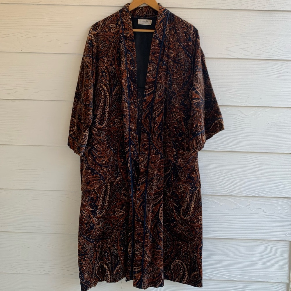 Christian Dior Brown Paisley Robe de Chambre Vintage Velvet Belted Robe pockets